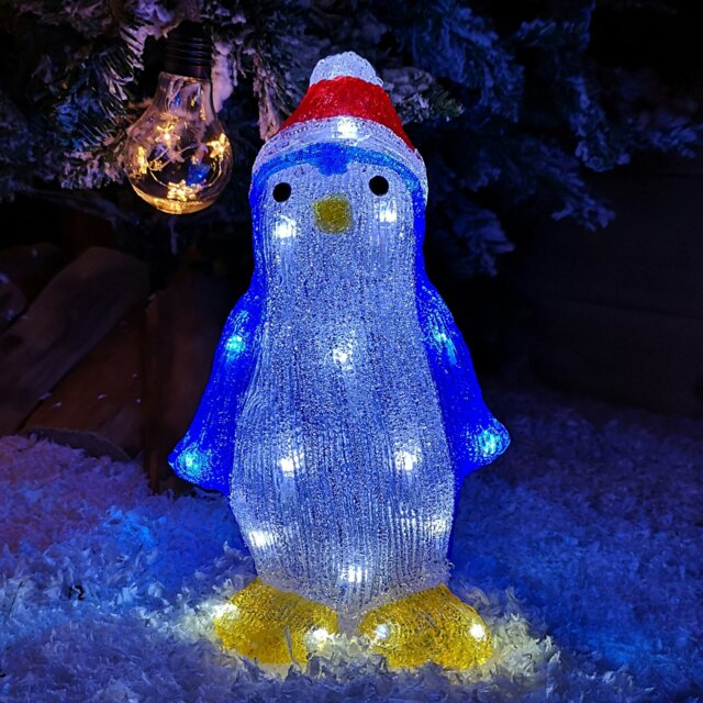Rackhams 30cm Light Up LED Standing Acrylic Christmas Penguin Decoration With Santas Hat Indoor Outdoor - image 1