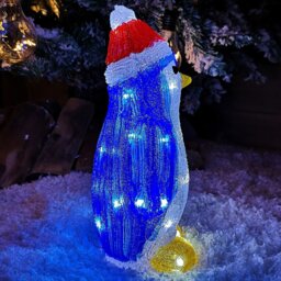Rackhams 30cm Light Up LED Standing Acrylic Christmas Penguin Decoration With Santas Hat Indoor Outdoor - thumbnail 3
