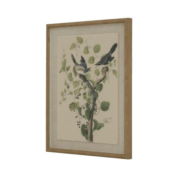 Rackhams Flora & Fauna Collection Shrikes Beaded Linen Framed Wall Art - Brown/White/Green - Brown/White/Green - 50cm x 2cm x 40cm - Brown/White/Green - image 1
