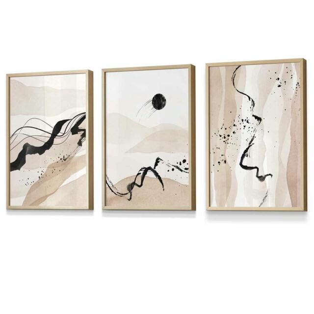 Rackhams Set of 3 Abstract Beige and Black Landscape Wall Art Prints / Framed - 50x70cm - Light Oak - image 1