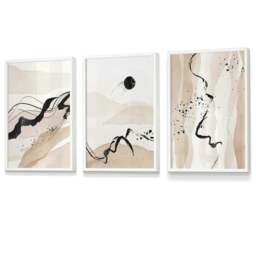 Rackhams Set of 3 Abstract Beige and Black Landscape Wall Art Prints / Framed - 50x70cm - Light Oak - thumbnail 4