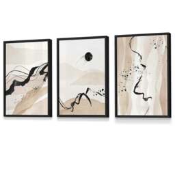 Rackhams Set of 3 Abstract Beige and Black Landscape Wall Art Prints / Framed - 50x70cm - Light Oak - thumbnail 3