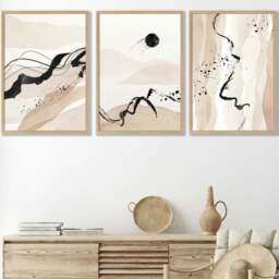 Rackhams Set of 3 Abstract Beige and Black Landscape Wall Art Prints / Framed - 50x70cm - Light Oak - thumbnail 2