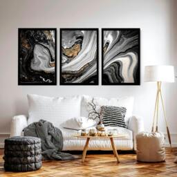 Rackhams Abstract large wall art - set of 3 Black and Gold wall art prints - A2 16.54 x 23.39 in / 42 x 59.4 cm - Matte Museum Quality Art Paper 290 gsm - White Frame - thumbnail 1