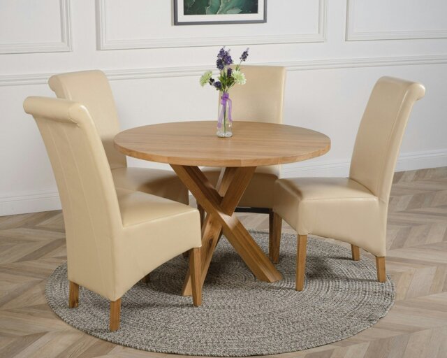Rackhams Oregon Round Oak Dining Table with Montana Leather Chairs - 1 - 4 chairs - Ivory - image 1