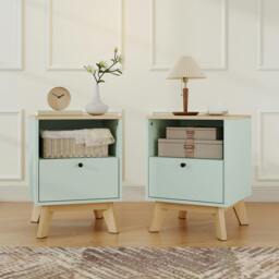 Rackhams Modern Nightstand Set of 2, Bedside Table with Drawer and Open Shelf - Light Green - 1 - Modern - thumbnail 1