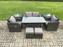 Rackhams Rattan Outdoor Garden Furniture Set Rectangular Dining Table and Chair Sofa Set With 2 Side Tables 2 Small Footstools Dark Grey Mixed - thumbnail 1