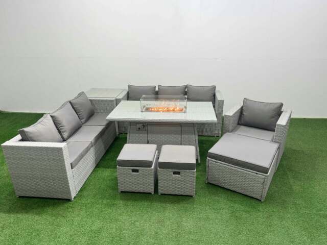 Rackhams 10 Seat PE Rattan Lounge Sofa Set Outdoor Garden Furniture Set with Fire Pit Dining Table 3 Seater Sofa 3 Stools Side Table Light Grey - image 1