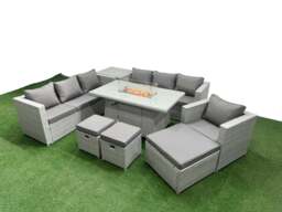 Rackhams 10 Seat PE Rattan Lounge Sofa Set Outdoor Garden Furniture Set with Fire Pit Dining Table 3 Seater Sofa 3 Stools Side Table Light Grey - thumbnail 2