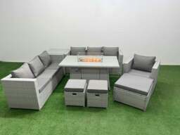 Rackhams 10 Seat PE Rattan Lounge Sofa Set Outdoor Garden Furniture Set with Fire Pit Dining Table 3 Seater Sofa 3 Stools Side Table Light Grey - thumbnail 1