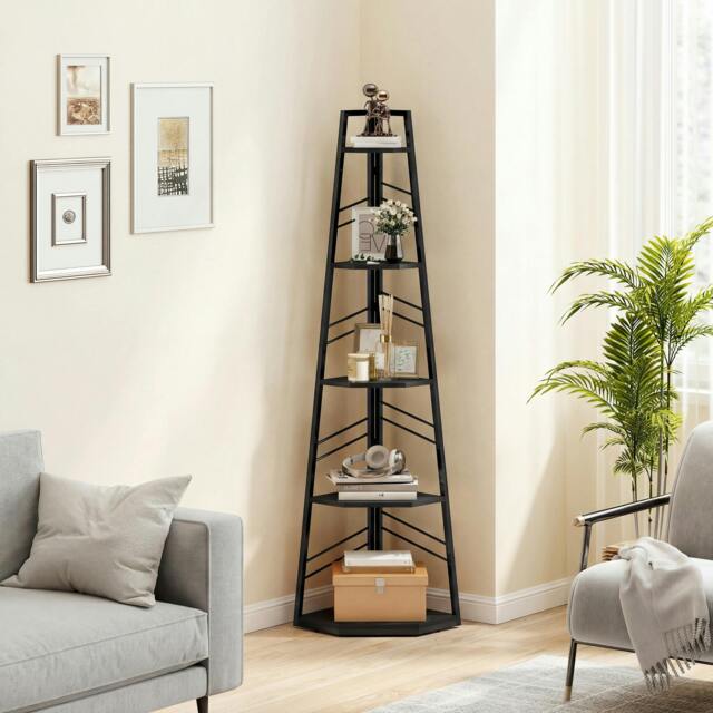Rackhams 5-Tier Corner Bookcase, Floor Standing Shelving Unit - 36.5 x 36.5 x 159.5 cm - Particleboard, Metal - Black - image 1