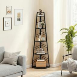 Rackhams 5-Tier Corner Bookcase, Floor Standing Shelving Unit - 36.5 x 36.5 x 159.5 cm - Particleboard, Metal - Black
