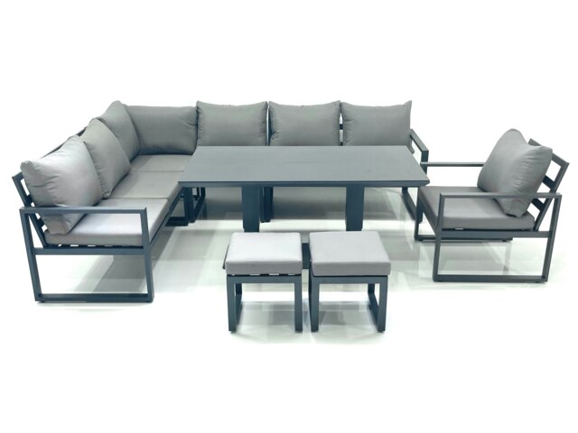 Rackhams Aluminium Outdoor Garden Furniture Set Corner Sofa Chair 2 Small Footstool Adjustable Rising Lifting Dining Table Sets Dark Grey