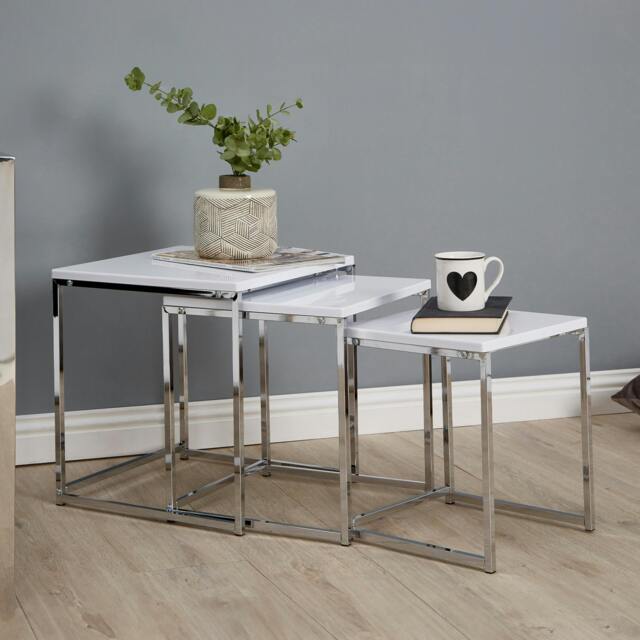 Rackhams Fulton Matte White Nest Of 3 Tables With Chrome Frame - image 1