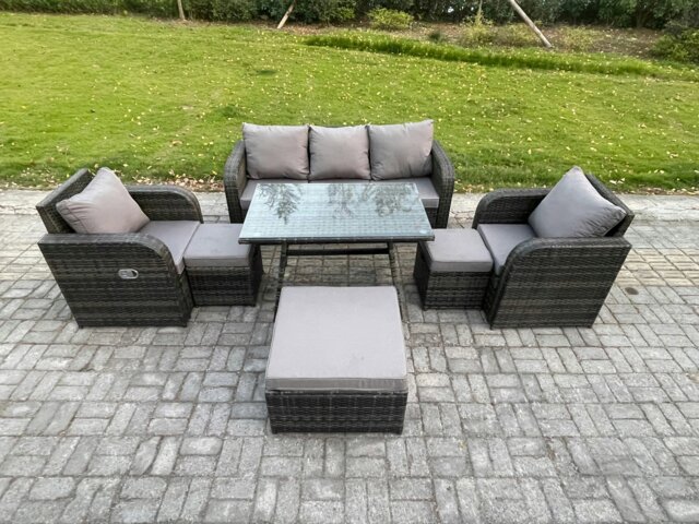 Rackhams 8 Seater Rattan Wicker Garden Furniture Patio Conservatory Sofa Set with Rectangular Dining Table Reclining Chair 3 Seater Sofa 3 Footstools - image 1