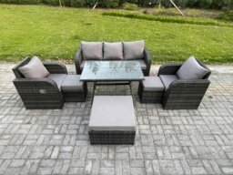 Rackhams 8 Seater Rattan Wicker Garden Furniture Patio Conservatory Sofa Set with Rectangular Dining Table Reclining Chair 3 Seater Sofa 3 Footstools - thumbnail 1
