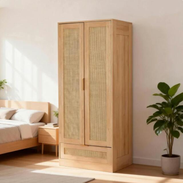 Rackhams Rattan Wardrobe, 2-Door Rattan Wardrobe Closet Armoire with Hanging Rack - W80xD55xH185 CM - Natural - image 1