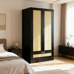 Rackhams Rattan Wardrobe, 2-Door Rattan Wardrobe Closet Armoire with Hanging Rack - W80xD55xH185 CM - Natural - thumbnail 4