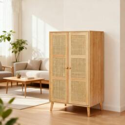 Rackhams Rattan Wardrobe, 2-Door Rattan Wardrobe Closet Armoire with Hanging Rack - W80xD55xH185 CM - Natural - thumbnail 3