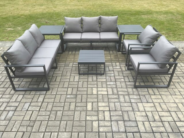 Rackhams Aluminium Outdoor Lounge Sofa Set Garden Furniture Sets with Square Coffee Table 2 Chairs 2 Side Tables Dark Grey 8 Seater - image 1