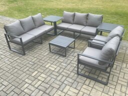 Rackhams Aluminium Outdoor Lounge Sofa Set Garden Furniture Sets with Square Coffee Table 2 Chairs 2 Side Tables Dark Grey 8 Seater - thumbnail 2