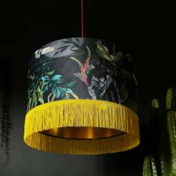 "Rackhams Handmade Fringed Velvet Lampshade with Gold Lining in Carbon - Ceiling Pendant / Arc Lamp - 35cm diameter x 25cm Height (14"" x 10"")" - thumbnail 1
