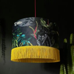 "Rackhams Handmade Fringed Velvet Lampshade with Gold Lining in Carbon - Ceiling Pendant / Arc Lamp - 35cm diameter x 25cm Height (14"" x 10"")" - thumbnail 4