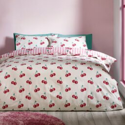 Rackhams Disco Cherries Stripes Reversible Duvet Cover Set Pink - Double - Pink - thumbnail 2