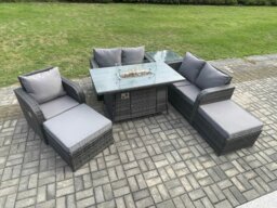 Rackhams Rattan Outdoor Gas Fire Pit Dining Set - Reclining Chair, Sofa, Side Tables, 2 Large Footstools - Dark Grey - thumbnail 2