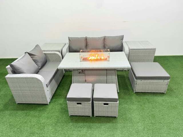 Rackhams 8 Seater PE Rattan Wicker Garden Furniture Patio Conservatory Sofa Set with Fire Pit Dining Table 3 Seater Sofa Love Sofa 3 Stool 2 Side Table - image 1