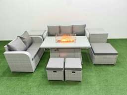 Rackhams 8 Seater PE Rattan Wicker Garden Furniture Patio Conservatory Sofa Set with Fire Pit Dining Table 3 Seater Sofa Love Sofa 3 Stool 2 Side Table - thumbnail 1