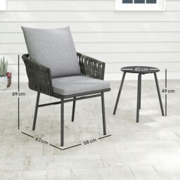 Rackhams Rattan Bistro Set, Balcony Table and Chairs with 4 Cushions - Grey - Grey - Steel, Polyester, PE Rattan, Sponge - thumbnail 5