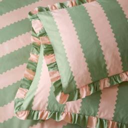Rackhams Birdie Ruffles Striped Pillowcase - Pink/Green - 50cm x 75cm - Pink/Green - 60% Cotton/40% Polyester - thumbnail 2