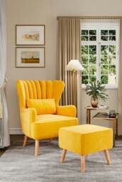 Rackhams Yellow Brushed Fabric Stripe Curved Backrest Armchair with Footstool & Cushion - Yellow