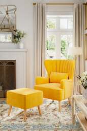 Rackhams Yellow Brushed Fabric Stripe Curved Backrest Armchair with Footstool & Cushion - Yellow - thumbnail 2