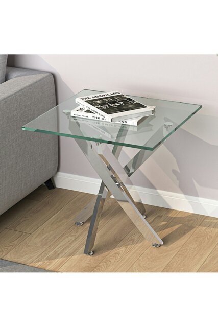 Rackhams Modern Square Tempered Glass Top Coffee End Table with Chrome Cross Leg - Clear - image 1
