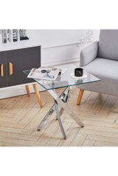 Rackhams Modern Square Tempered Glass Top Coffee End Table with Chrome Cross Leg - Clear - thumbnail 2