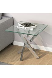 Rackhams Modern Square Tempered Glass Top Coffee End Table with Chrome Cross Leg - Clear
