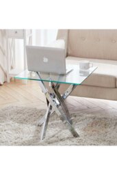 Rackhams Modern Square Tempered Glass Top Coffee End Table with Chrome Cross Leg - Clear - thumbnail 3