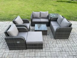 Rackhams 7-Seater Rattan Garden Sofa Set - Dark Grey Mixed Outdoor Furniture with Square Coffee Table & Reclining Chairs - thumbnail 1