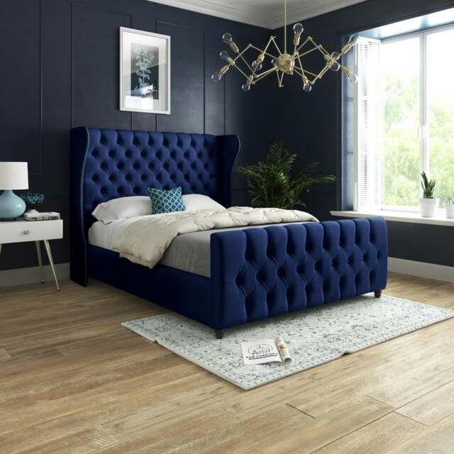 Rackhams Donati Straight Curved Top Upholstered Soft Velvet Bed Frame - Black - Blue - Super king - image 1