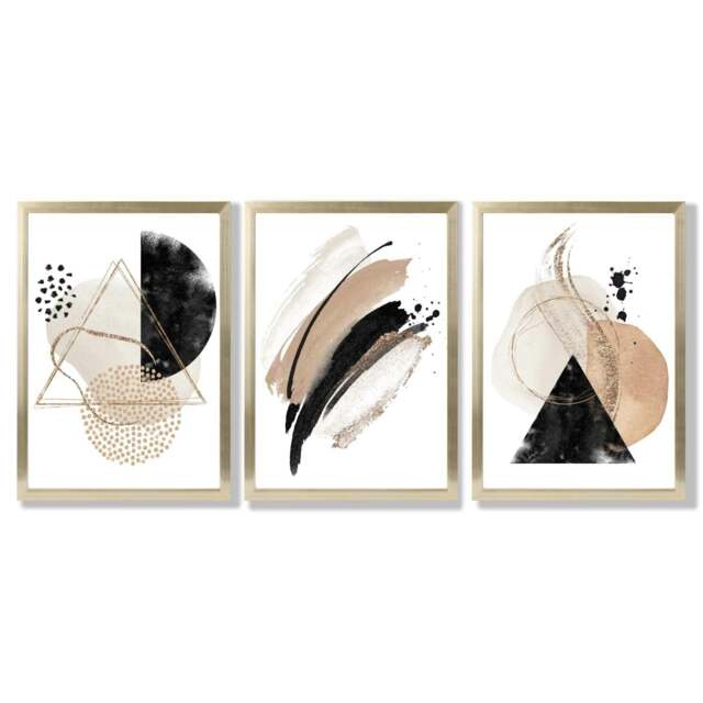 Rackhams Abstract Black Beige Set of 3 Watercolour Shapes Framed Wall Art - 30x42cm (A3) - Gold - image 1