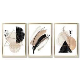 Rackhams Abstract Black Beige Set of 3 Watercolour Shapes Framed Wall Art - 30x42cm (A3) - Gold - thumbnail 1