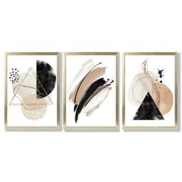 Rackhams Abstract Black Beige Set of 3 Watercolour Shapes Framed Wall Art - 30x42cm (A3) - Gold - thumbnail 1