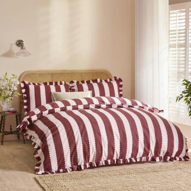 Rackhams Birdie Ruffles Stripe Duvet Cover Set - Burgundy/Blossom - King - Burgundy/Blossom - 100% Cotton - image 1