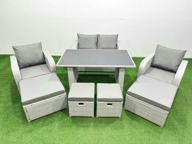 Rackhams 8 Seater Patio Garden Furniture Sets with Dining Table Love Sofa 4 Stools Light Grey - image 1