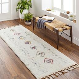 Rackhams Lofty-Shaggy Ivory Yellow Blue Vintage Boho Plush Soft Pile Fringe Rug - 80 x 220 cm - thumbnail 1