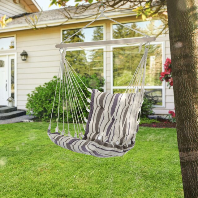 Rackhams Outdoor Hammock Cushioned Chair Patio Swing Seat Wooden Brown Garden - Brown Stripe - Cotton, Hardwood, Metal - Seat Size: 57W x 47.5D (cm)
