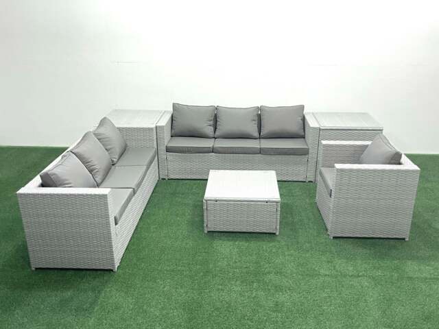 Rackhams Wicker PE Rattan Sofa Garden Furniture Set with Armchair Square Coffee Table 2 Side Tables Light Grey Mixed - image 1