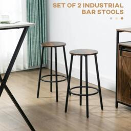 Rackhams Bar Stools, Set of 2 Kitchen Breakfast Stools with Sturdy Steel Frame, Industrial Tall Bar Chairs, 65cm High Seat, Rustic Brown - thumbnail 4